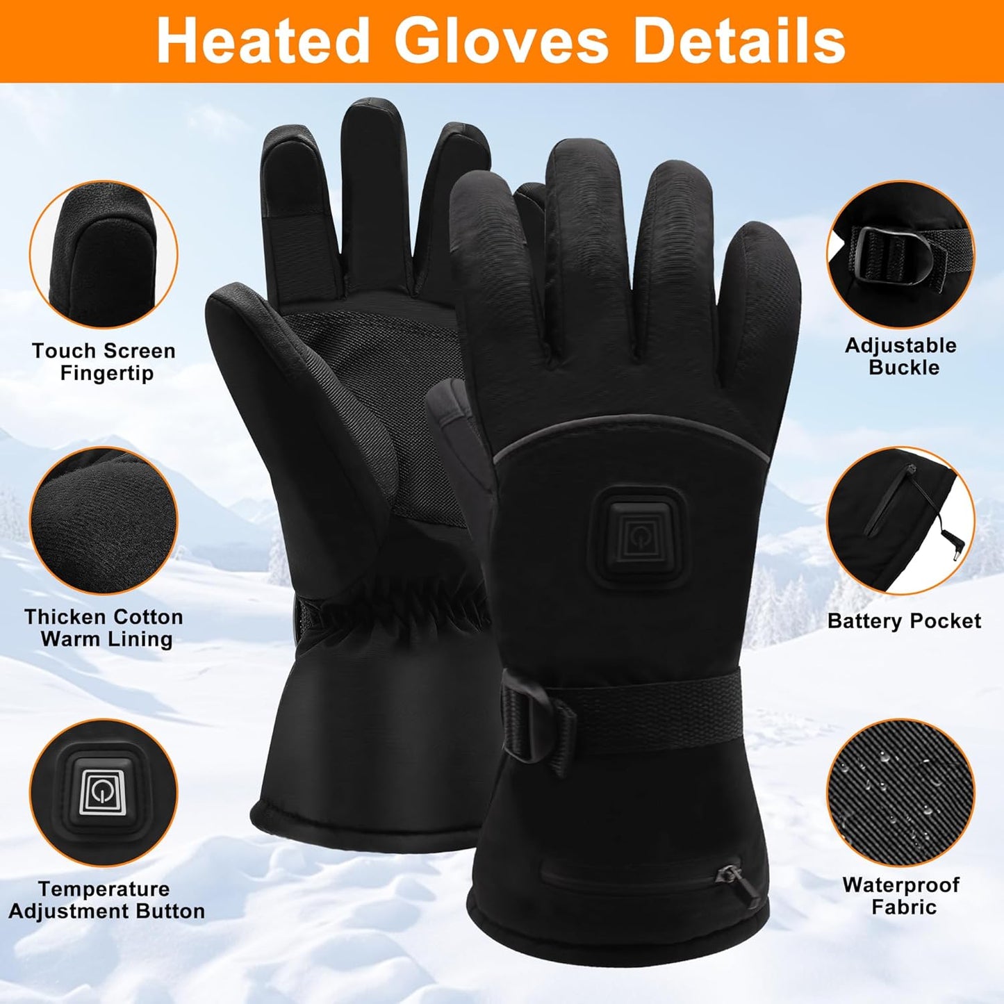 Heated Gloves,Electric Rechargeable Battery Power Waterproof Touchscreen Heated Gloves for Men Women, 3 Heating Temperature Adjustable Thermal Gloves for Skiing Hunting Fishing Camping Cycling