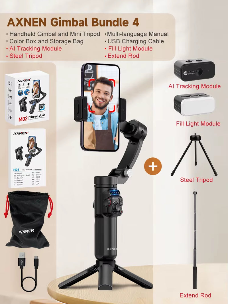 2025 3-Axis Anti-Shake Handheld Gimbal Stabilizer AI Tracking for Iphone Android Mobile Phone Vlog Optional Extension Rod
