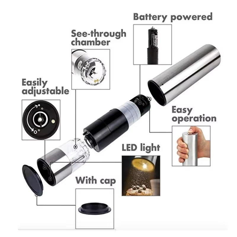 Electric Salt Pepper Grinder Set One Handed Operation Stainless Steel Spice Mill with Light Automatic Pepper Grinde for Kitchen