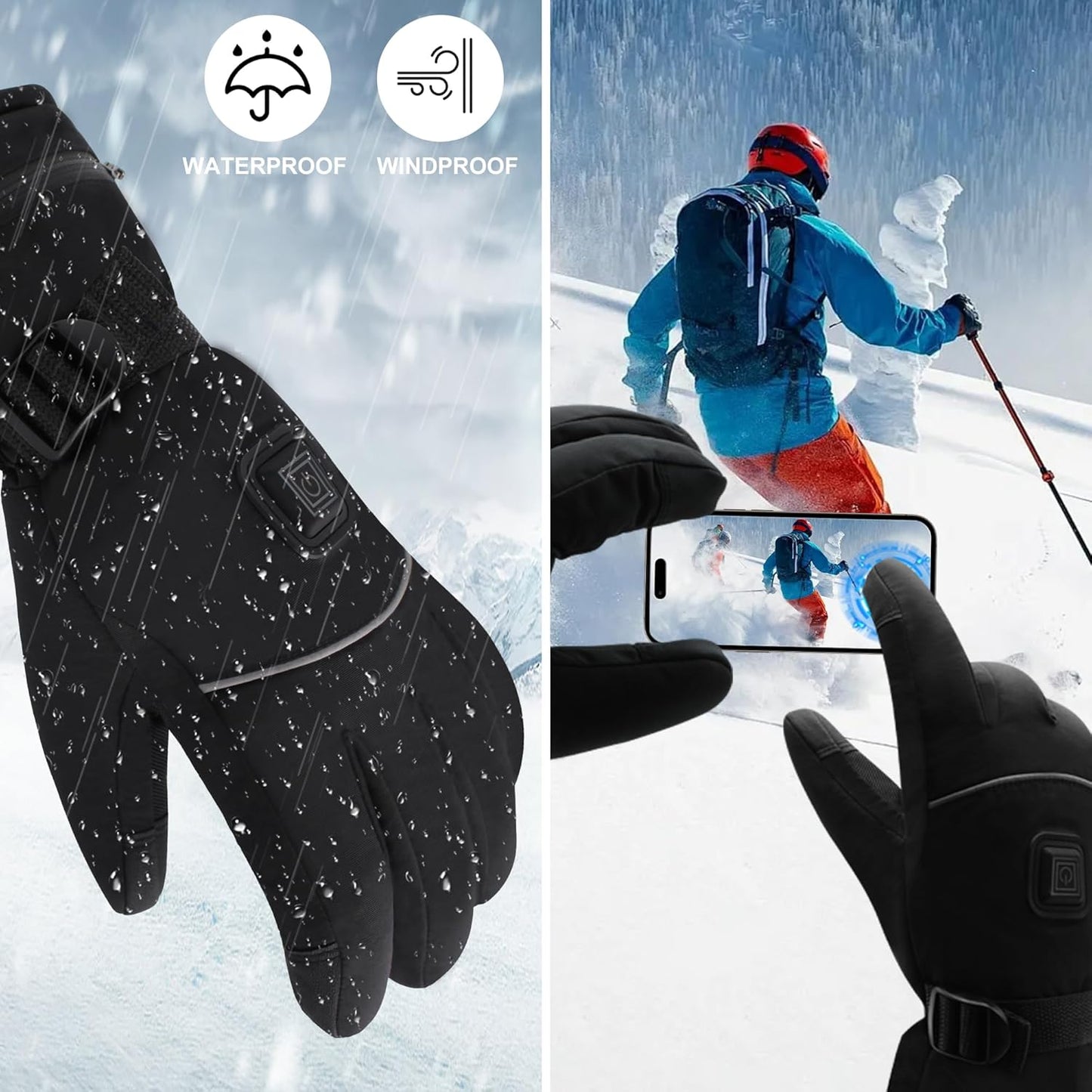 Heated Gloves,Electric Rechargeable Battery Power Waterproof Touchscreen Heated Gloves for Men Women, 3 Heating Temperature Adjustable Thermal Gloves for Skiing Hunting Fishing Camping Cycling