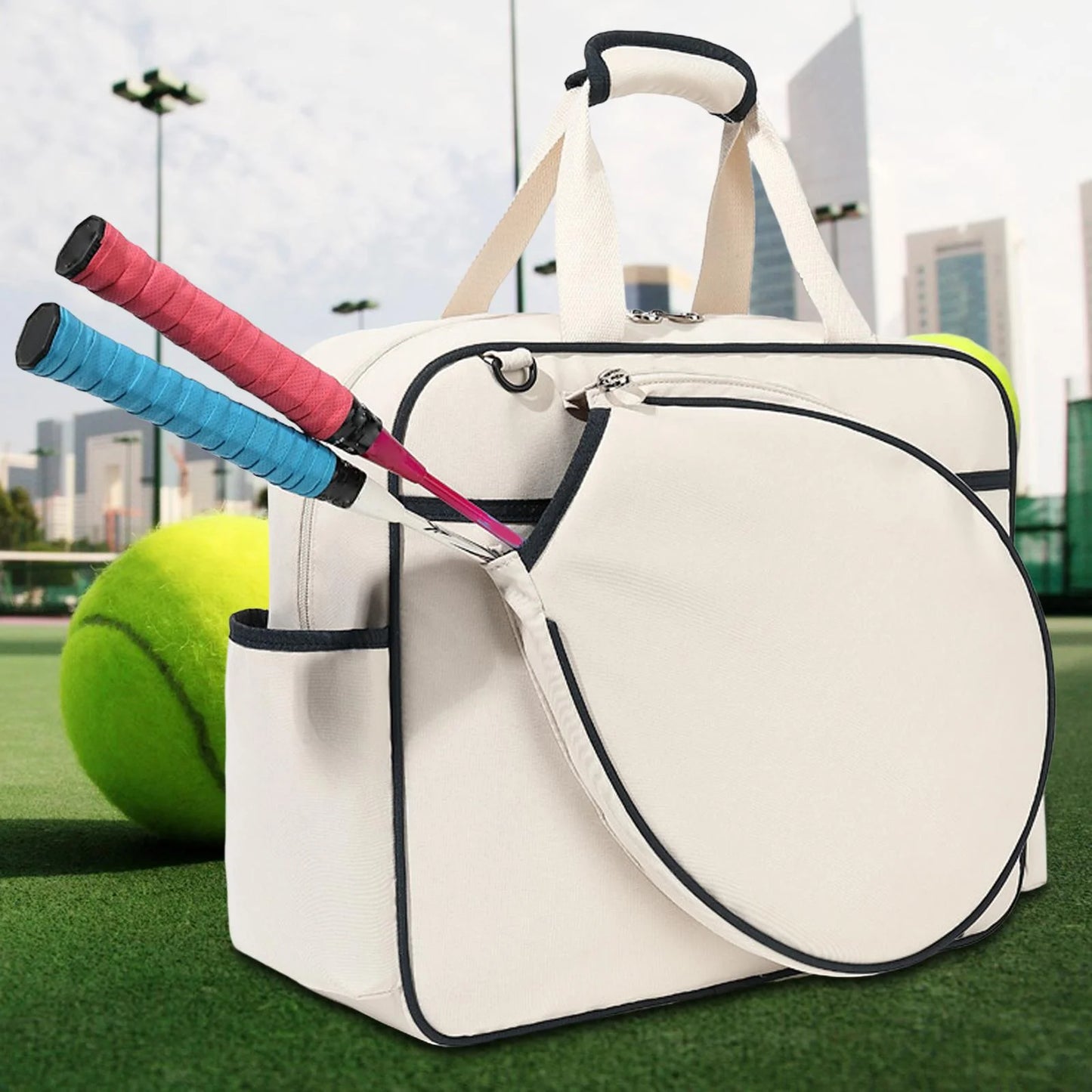 Tennis Racket Bag Sport Bag Large Racquet Covers Pickleball Racket Storage Tennis Handbag for Swimming Outdoor Sport Travel Gym Training, White