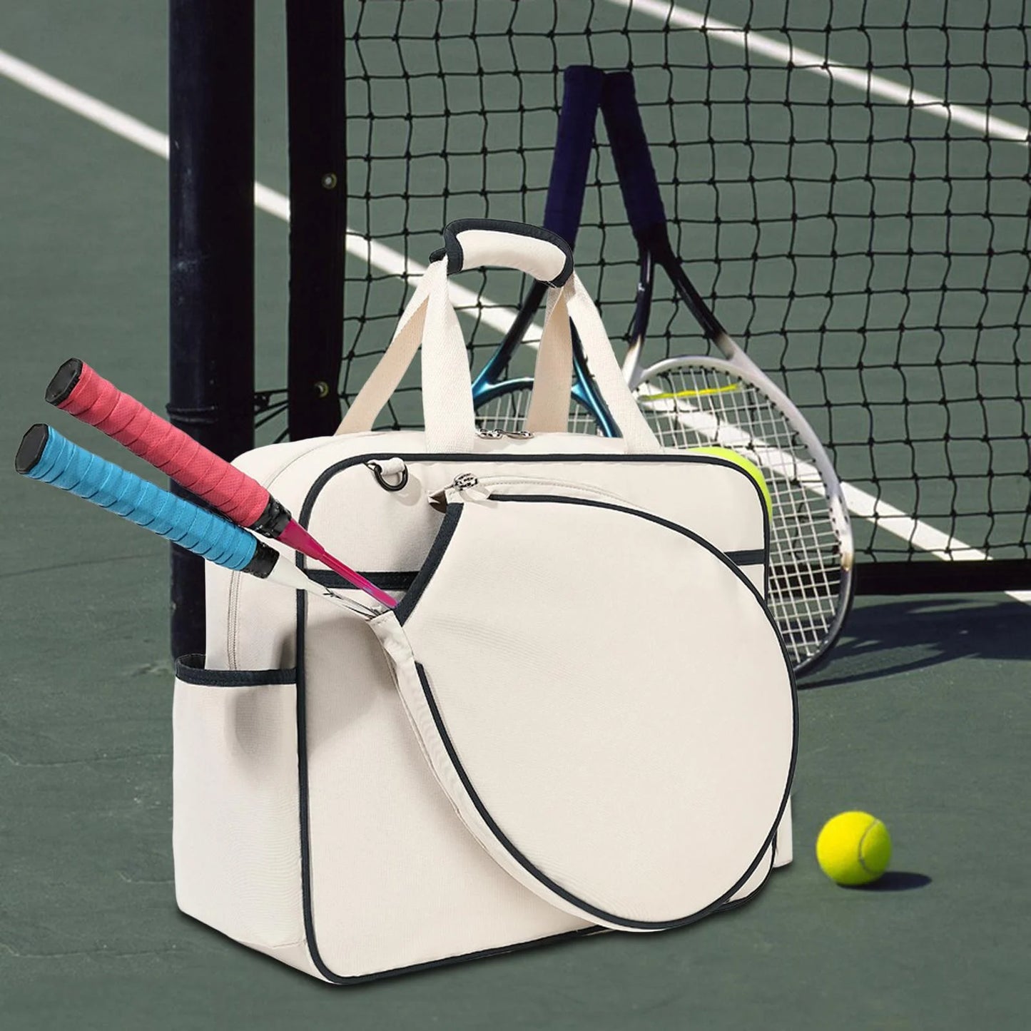 Tennis Racket Bag Sport Bag Large Racquet Covers Pickleball Racket Storage Tennis Handbag for Swimming Outdoor Sport Travel Gym Training, White