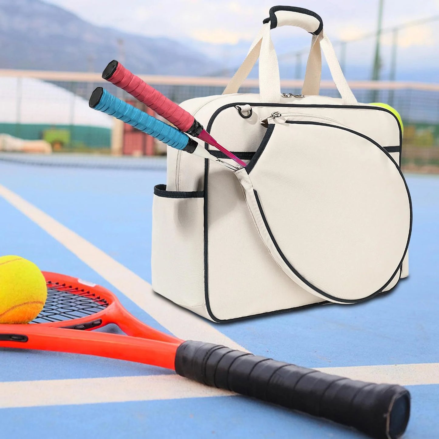 Tennis Racket Bag Sport Bag Large Racquet Covers Pickleball Racket Storage Tennis Handbag for Swimming Outdoor Sport Travel Gym Training, White