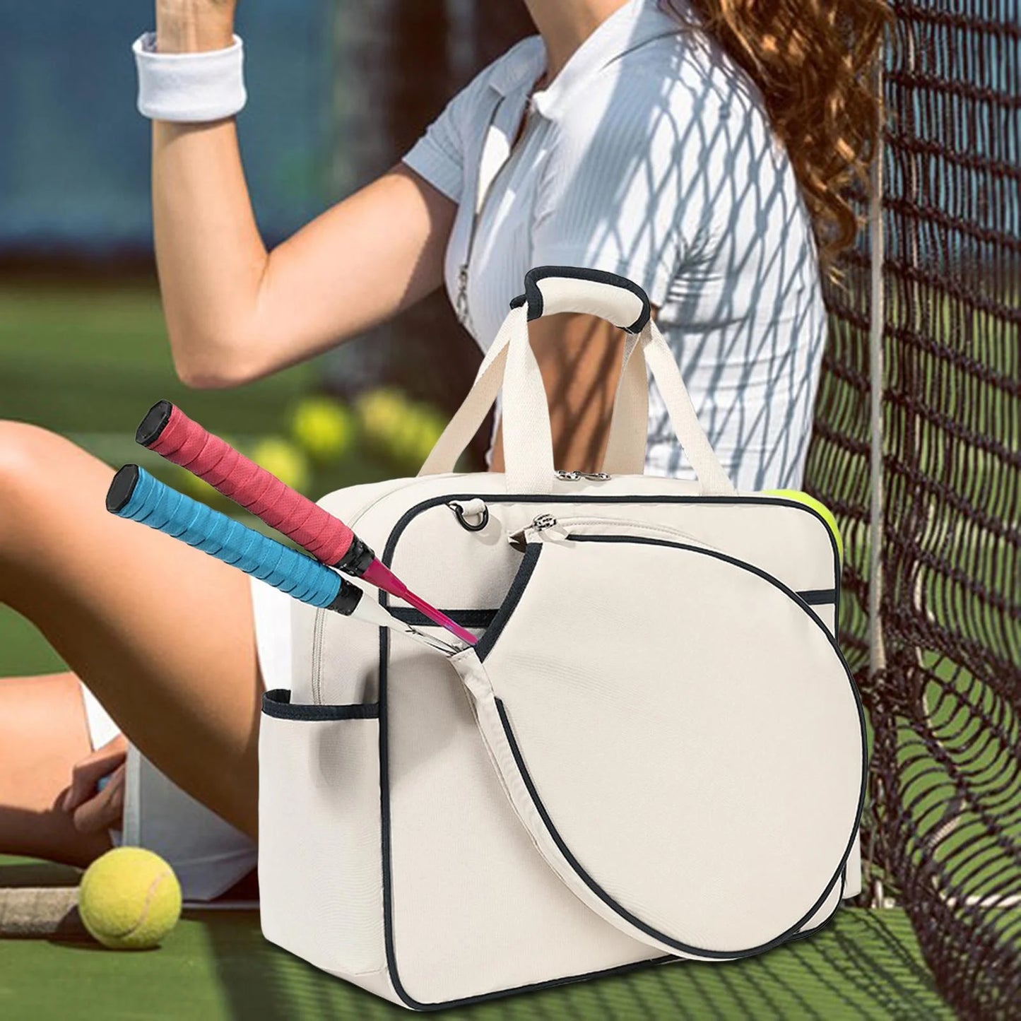 Tennis Racket Bag Sport Bag Large Racquet Covers Pickleball Racket Storage Tennis Handbag for Swimming Outdoor Sport Travel Gym Training, White