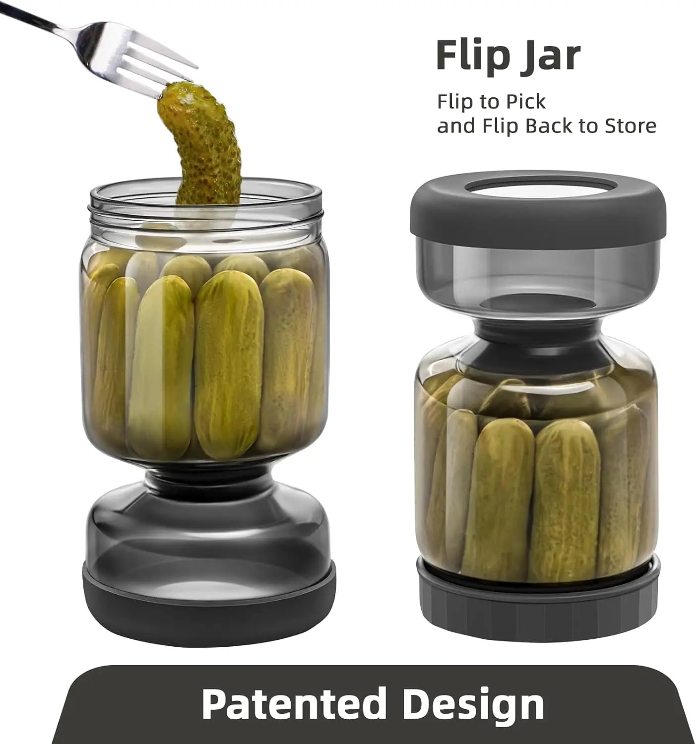 New Color Dark Grey 34oz Pickle and Olive Hourglass Jar Glass Pickle Jar with Strainer Flip
