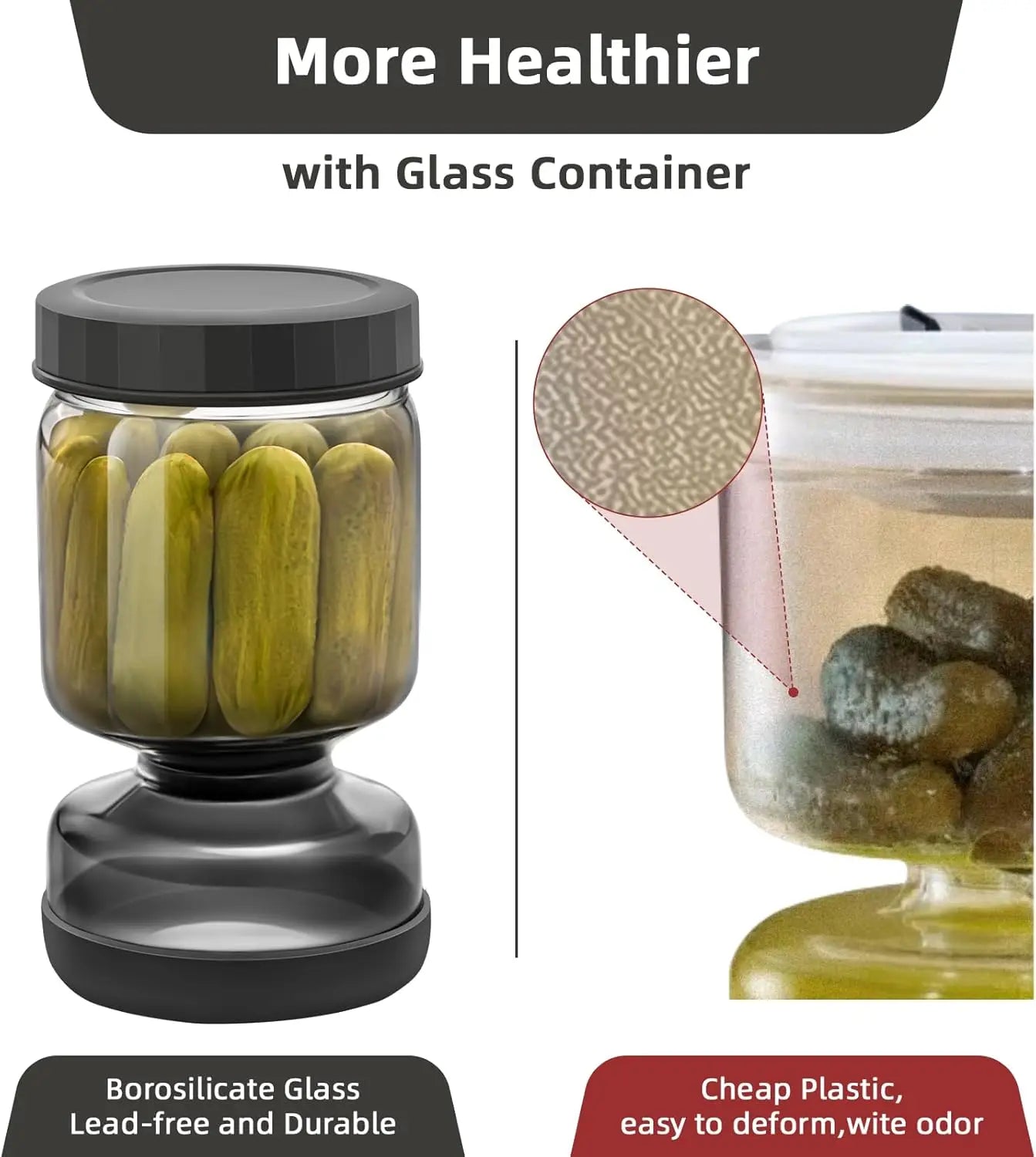 New Color Dark Grey 34oz Pickle and Olive Hourglass Jar Glass Pickle Jar with Strainer Flip