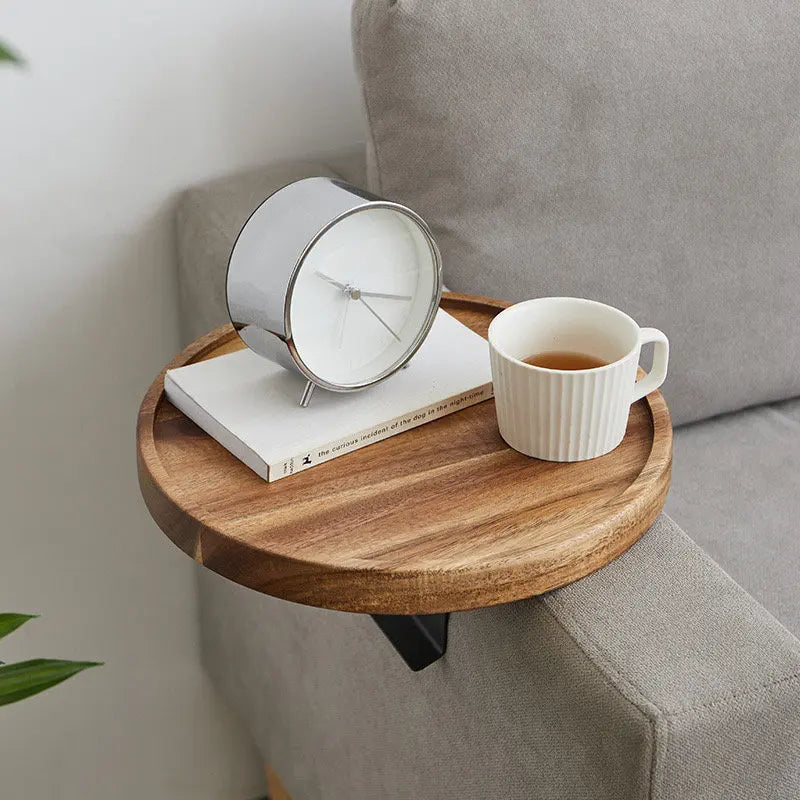 Movable Wood Bamboo Sofa Arm Tray Wide Couch Cup Holder Tray with Clip for Food & Beverages
