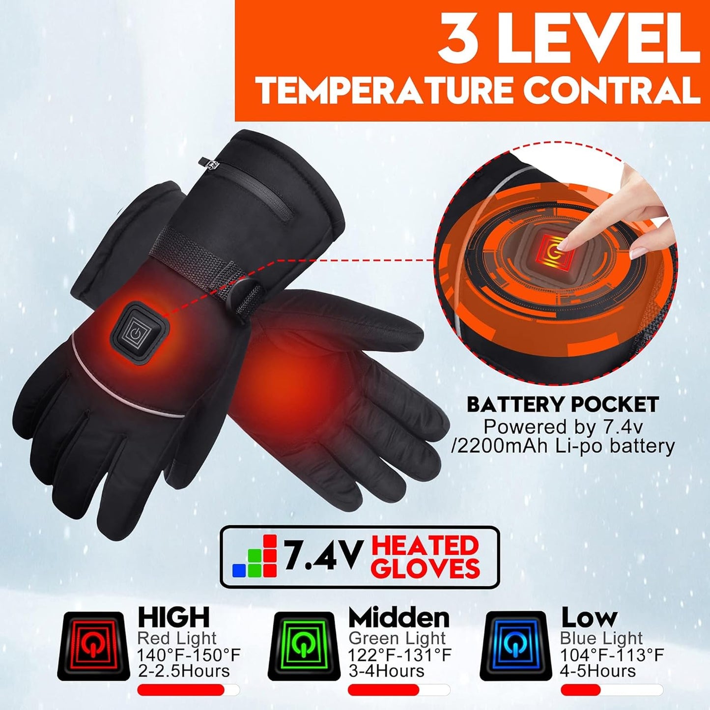 Heated Gloves,Electric Rechargeable Battery Power Waterproof Touchscreen Heated Gloves for Men Women, 3 Heating Temperature Adjustable Thermal Gloves for Skiing Hunting Fishing Camping Cycling