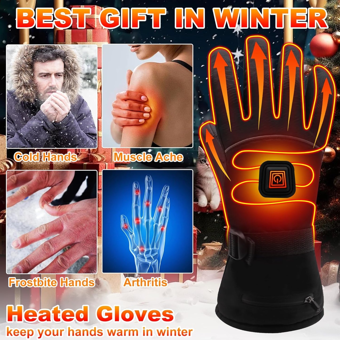 Heated Gloves,Electric Rechargeable Battery Power Waterproof Touchscreen Heated Gloves for Men Women, 3 Heating Temperature Adjustable Thermal Gloves for Skiing Hunting Fishing Camping Cycling