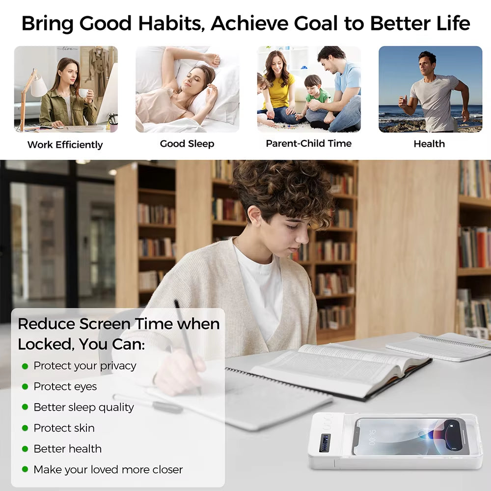 Phone Lock Box Transparent with Timer LCD Display T-Shaped Opening Phone Box Phone Locker Adults Students Self-Discipline Tools